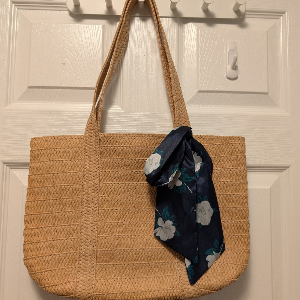 Draper James Tan Woven Tote with Navy Floral Accent